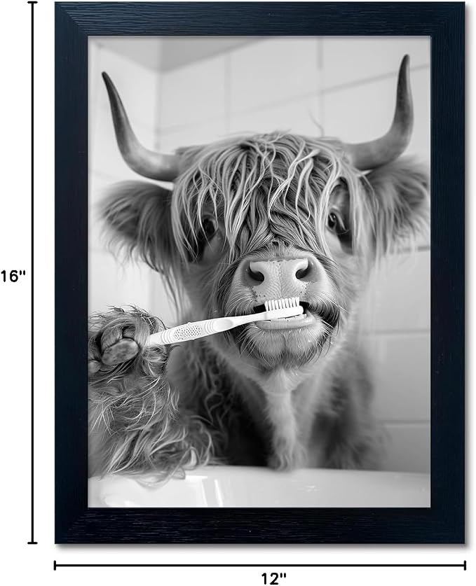 Highland Cow Wall Art, Funny Cow Bathroom Decor, Cow Pictures in Toilet Wall Decor, Black Framed Canvas Print, Black and White Animal Canvas Wall Art for Bathroom
