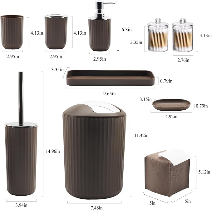Bathroom Accessory Set, 10 Piece Brown Bathroom Set Complete | Includes Trash Can, Soap Dispenser, Toothbrush Holder, Soap Holder, Tumbler, Toilet Brush, Tray, Qtip Holders, Tissue Cover
