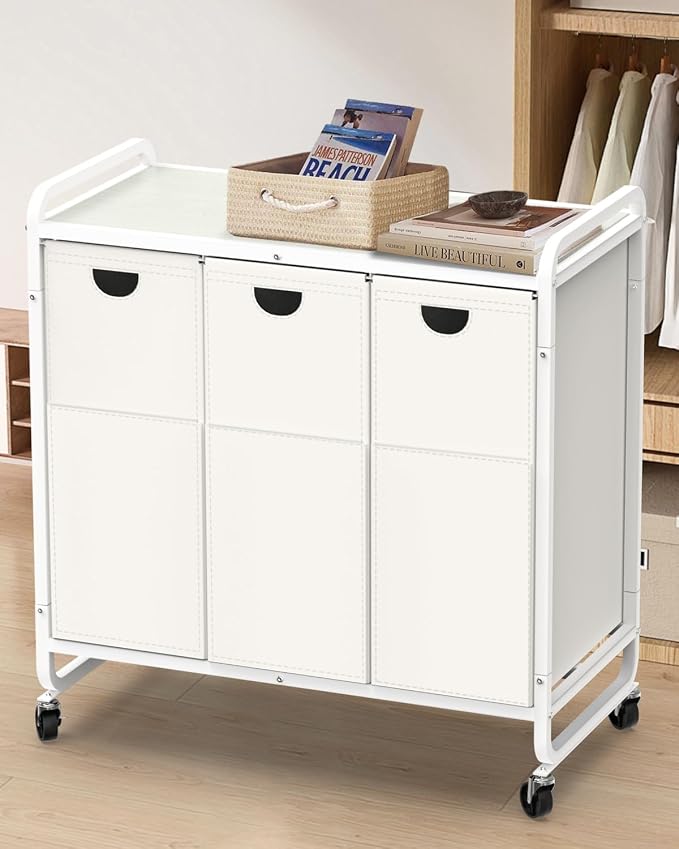 Laundry Hamper 3 Section,Laundry Basket with Wheels,3×15.8 Gal (60L) White | Laundry Room Organization with Wooden Desktop Shelf,Pull-Out and Removable 900D Oxford Fabric Laundry Bags for Laundry Room