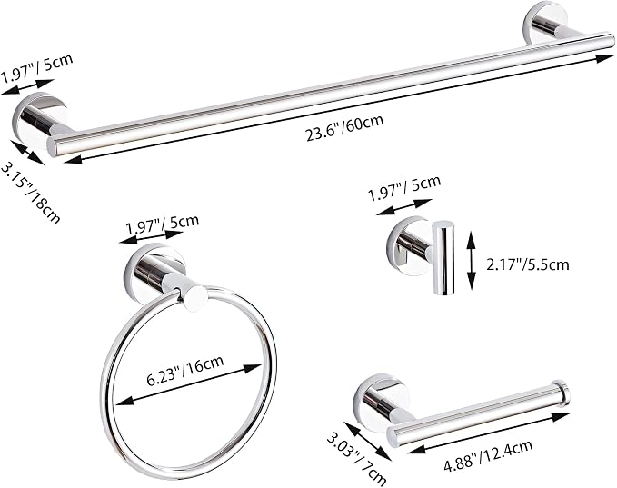 Chrome Bathroom Hardware Set 5 Piece with Towel Racks for Bathroom, SUS304 Stainless Steel Bath Towel Bar Set, 24 Inch Wall Mounted Accessories Kit…