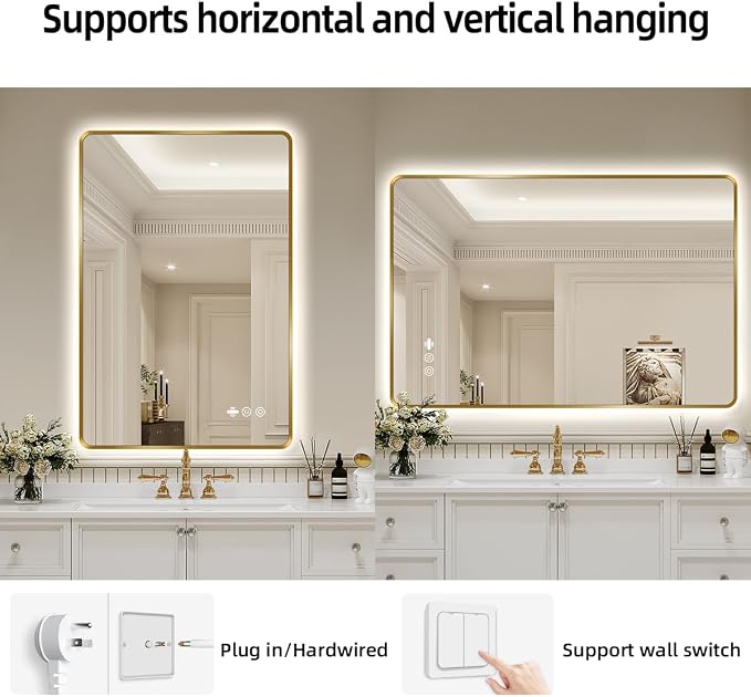 24" x 32" Gold LED Bathroom Mirror with Lights - Motion Sensor | Smart Mirror Bathroom, Anti-Fog, Stepless Dimmable & 3 Color Temperatures, UL-Listed LED Backlit Mirror, Tempered Glass