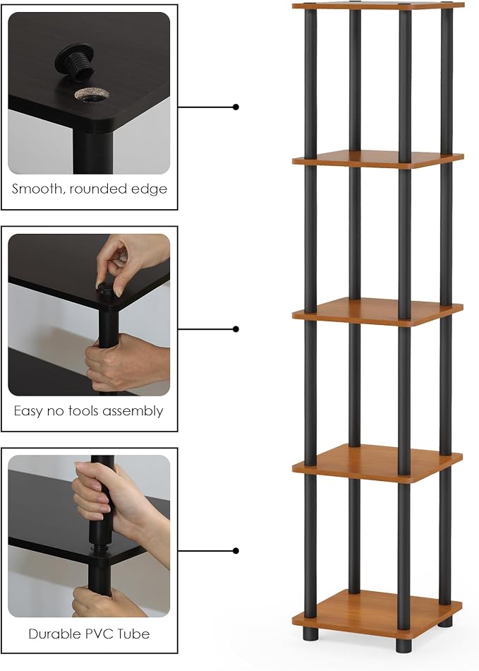 FURINNO Turn-N-Tube 5-Tier Corner Square Rack Display Shelf, Round, Light Cherry/Black