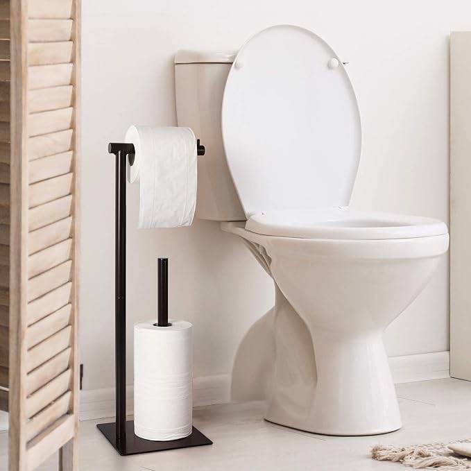 OYEAL Metal Toilet Paper Holder Stand Freestanding TP Holder with Storage | Floor Standing Toilet Paper Roll Dispenser for Bathroom Storage Holds Reserve Mega Rolls, Brown