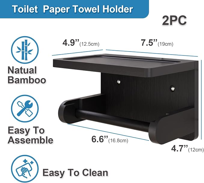 VERTORGAN 2 Pack Bamboo Toilet Paper Holder with Phone Shelf(Black) | Bathroom Tissue Holder,Wall Mounted Rack,Space-Saving Organizer,Phone Shelf Stand,Easy Installation,Toilet Paper Rack