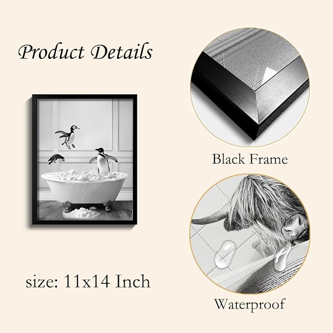 Framed Bathroom Decor Wall Art, Black and White Bathroom Decor, Funny Wall Decoration Animal Penguin in Bathtub, Cute Animal Wall Art for Kid's Room (Framed,11''x14'')