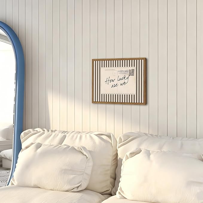 Vintage How Lucky Are We Wall Art Trendy Inspirational Quote Sign Wall Decor Picture, Preppy Postcard Striped Poster Canvas Print Picture for Living Room Bedroom 12x16 inch Wood Framed