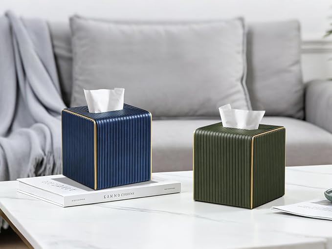Square PU Leather Tissue Box Cover with Magnetic Closure, Decorative Tissue Holder & Storage Container for Bedroom, Living Room, Dining Room, Bathroom, Countertop, Desk (Square Green)