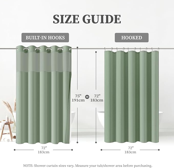 Sage Green Ringless Linen Look Shower Curtain with Snap in Liner 72x75 | 3 in 1 Hotel Shower Curtain Set, Removable Liner, Waterproof & Washable, Mesh Top Window, Durable Fabric, Easy to Install