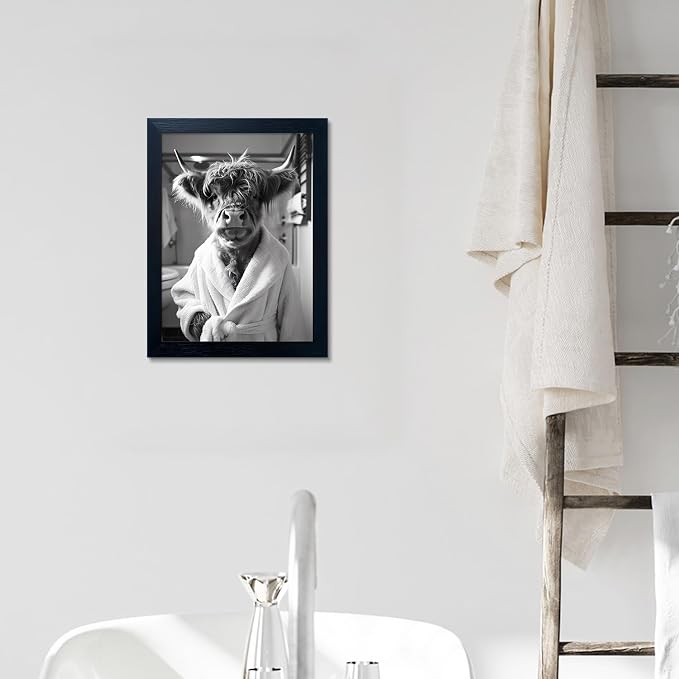 Framed Highland Cow Brushing Teeth Wall Art, Black and White Bathroom Wall Decor, Funny Cow Pictures Guest Bathroom Decor, Funny Animal Canvas Print rtwork