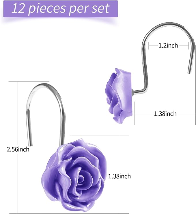Cute Rose Floral Shower Curtain Hooks Rings for Bathroom,Purple 12PCS | Metal Rustproof Curtain Hooks Shower Rings,Girls Decorative Flower Bathroom Decor,for Bathroom Shower Rods