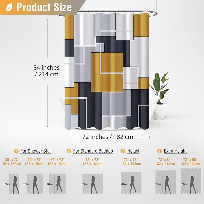 72 x 84 Tall Modern Geometric Waterproof Fabric Shower Curtain, Gold | Long Size, Premium Polyester, Weighted Hem, 12 Plastic Hook, Vibrant Color, Wrinkle-resistant, Quick-Dry, Machine Washable