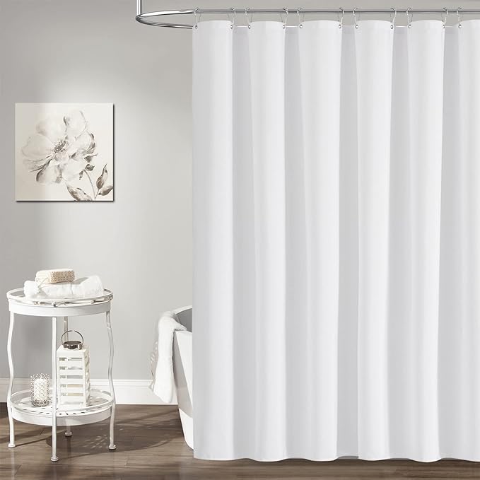 72x78 Linen Textured Waterproof Thick Fabric Shower Curtain Set, White | Long Size, 230GSM Polyester, Heavy Duty Cloth, Weighted Hem, 12 Plastic Hooks, Modern Luxury Hotel Style, Machine Washable