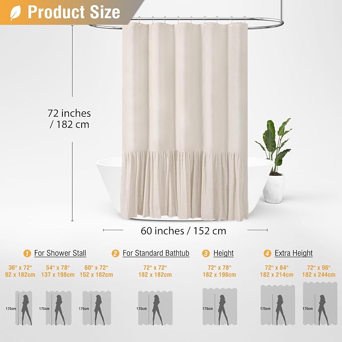 Stall Linen Ruffle Farmhouse Cloth Shower Curtain, 60x72, Beige/Cream | Ruffle Hem, Heavy Duty Fabric, 10 Hooks, Elegant Drape, Shabby Chic Style, Bathroom Decor, Machine Washable, Easy To Install