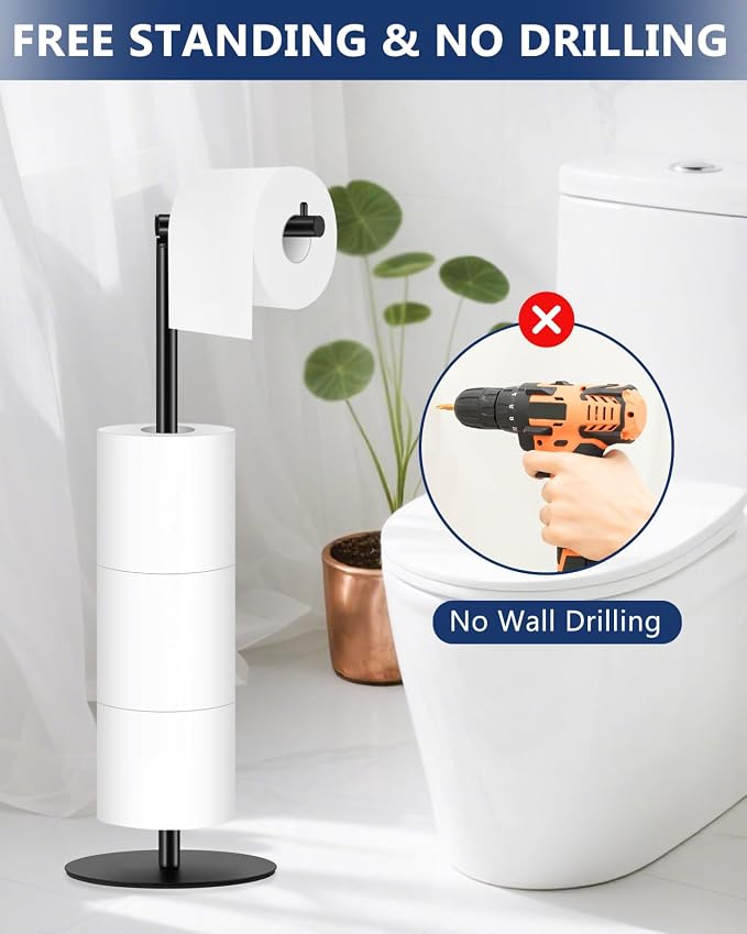 Toilet Paper Holder Stand, Bathroom Toilet Paper Stand with Shelf, Free Standing Toilet Paper Roll Storage Holder for 4 Rolls, Black, Naturous