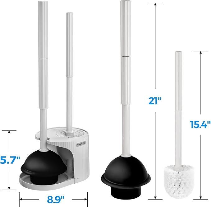 FORASTO 2Pack 3in1 Toilet Brush and Plunger Set - Bathroom Bowl Holder Kit | 21", Cleaning Gloves, Heavy Duty Rubber Toilet Bowl Cleaner, Apartment Must Haves Bathroom Decor Accessories, Charcoal Gray