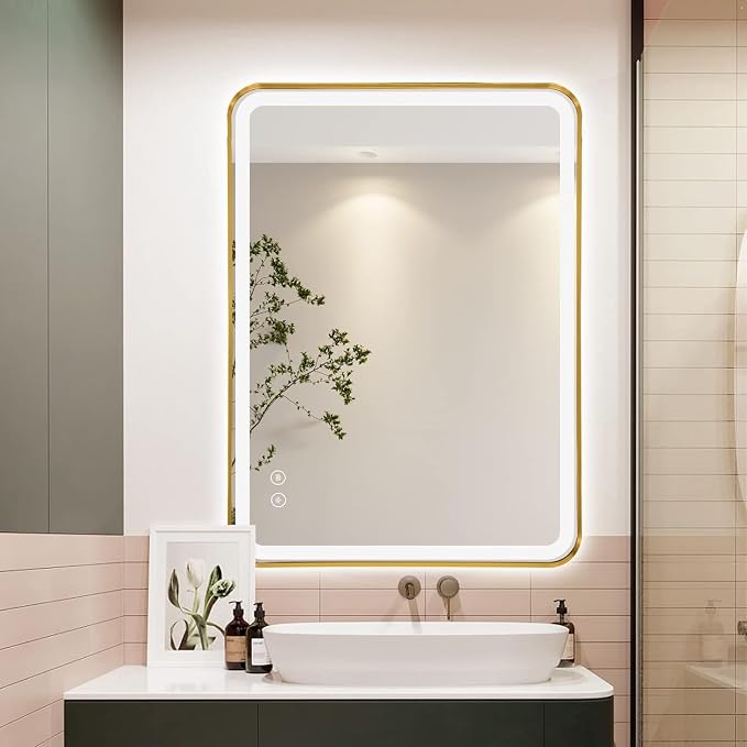 Niccy LED Bathroom Mirror, 32"x20", Gold, Rectangle Wall Mounted | Metal Frame, Anti Fog, Dimmable Smart Mirror, Horizontal or Vertical, For Bathroom/Bedroom/Livingroom/Entryway