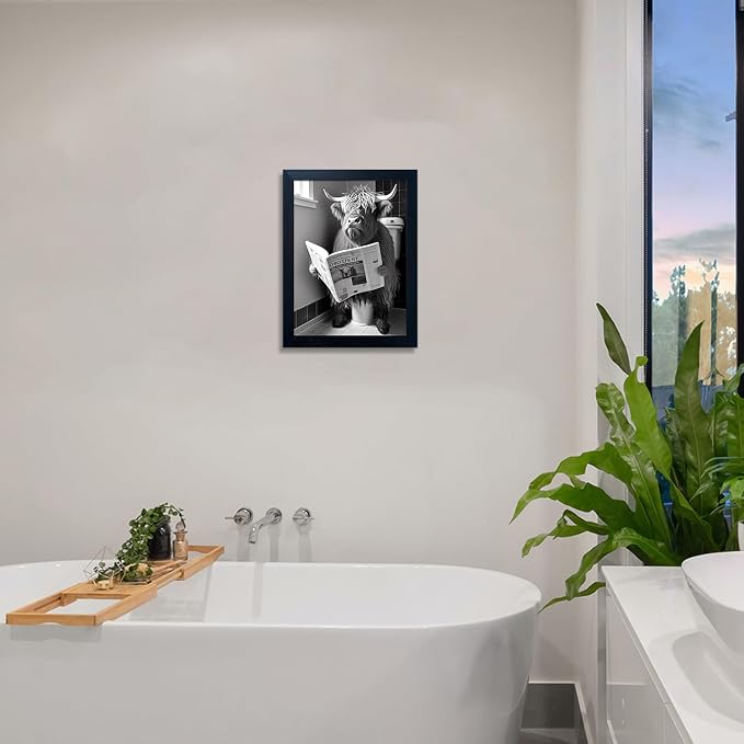 Framed Black and White Bathroom Wall Decor Highland Cow with Toilet Paper on Head Canvas Wall Art Toilet Decor Cow Pictures Wall Decor Animal Bathroom Sign Artworks for Home