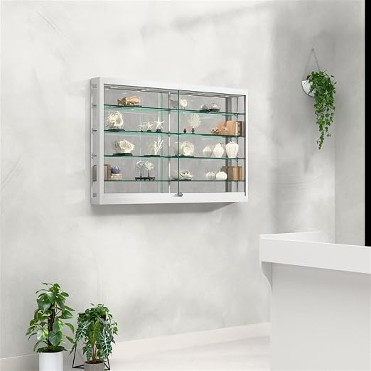 Displays2go Glass Wall Display Cabinet, Silver, 60" | LED Lights, Aluminum Retail Showcase, Adjustable Shelves, Wall-Mounted, WC606LEDS