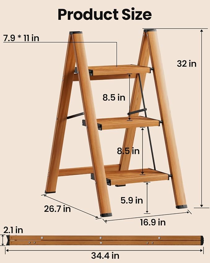 3 Step Ladder, Lightweight Folding Step Stool, Woodgrain | Anti-Slip 7.9'' Wide Pedal;Space-Saving;For Kitchen, Home, Library, Office Use;300lbs Capacity