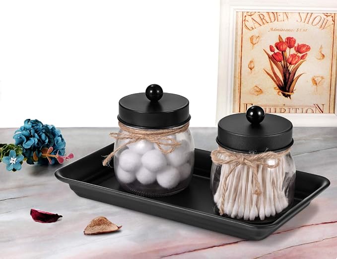 SheeChung Metal Vanity Tray, Bathroom Counter Storage Tray, Black 2 Pack | Sturdy Decorative Tray Holder, Farmhouse Vintage Decor Accessories for Perfume, Cosmetics, Jewelry, Makeup, Guest Hand Towel