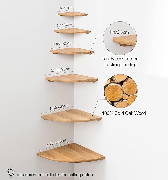 Corner Shelf, Solid Oak Wood Floating Corner Shelves Wall Mount Round End with Wire Hole for Small Plant Photo Frame for Bedroom Kitchen, Living Room