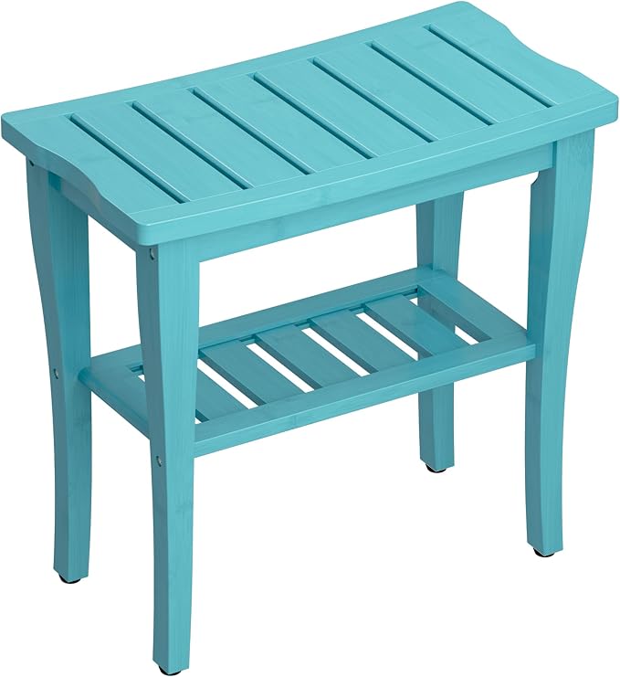 Bamboo Shower Bench Stool with Storage Shelf, Waterproof Shower Chair Spa Bath Seat, Shower Stool for Inside, Bathroom Bench Seat for Adults Elderly Seniors for Indoor or Outdoor Use(Sky Blue)