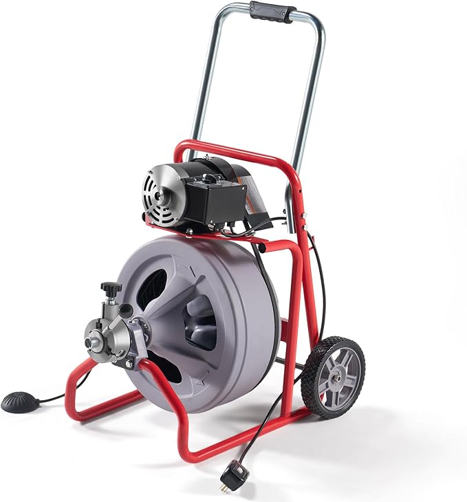 Albott 100 FT x 3/8 Inch Electric Drain Cleaner Machine | Auto-Feed Sewer Snake Auger for 1-4 Inch Pipes, with 9 Cutters, Wheels and Foot Switch, Gray/Red