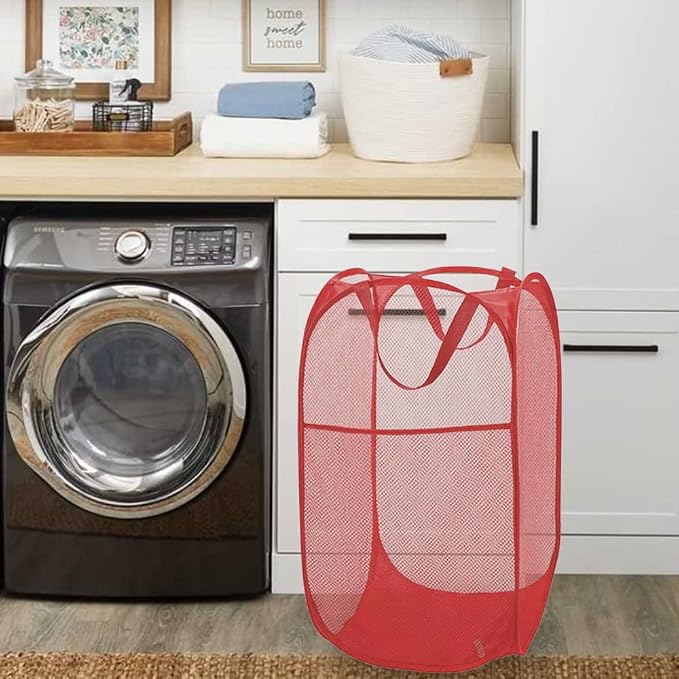 BATTOO Deluxe Strong Mesh Pop up Laundry Hamper Basket with Side Pocket for Laundry Room, Bathroom, Kids Room, College Dorm or Travel Red