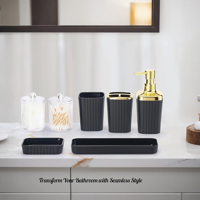 9 PCS Black Bathroom Accessories Set with Trash Can Bathroom Accessory | All-in-One Kit with Trash Can,Toothbrush Holder,Soap Dispenser,Toothbrush Cup,Vanity Tray,Soap Dish,Toilet Brush etc for Home