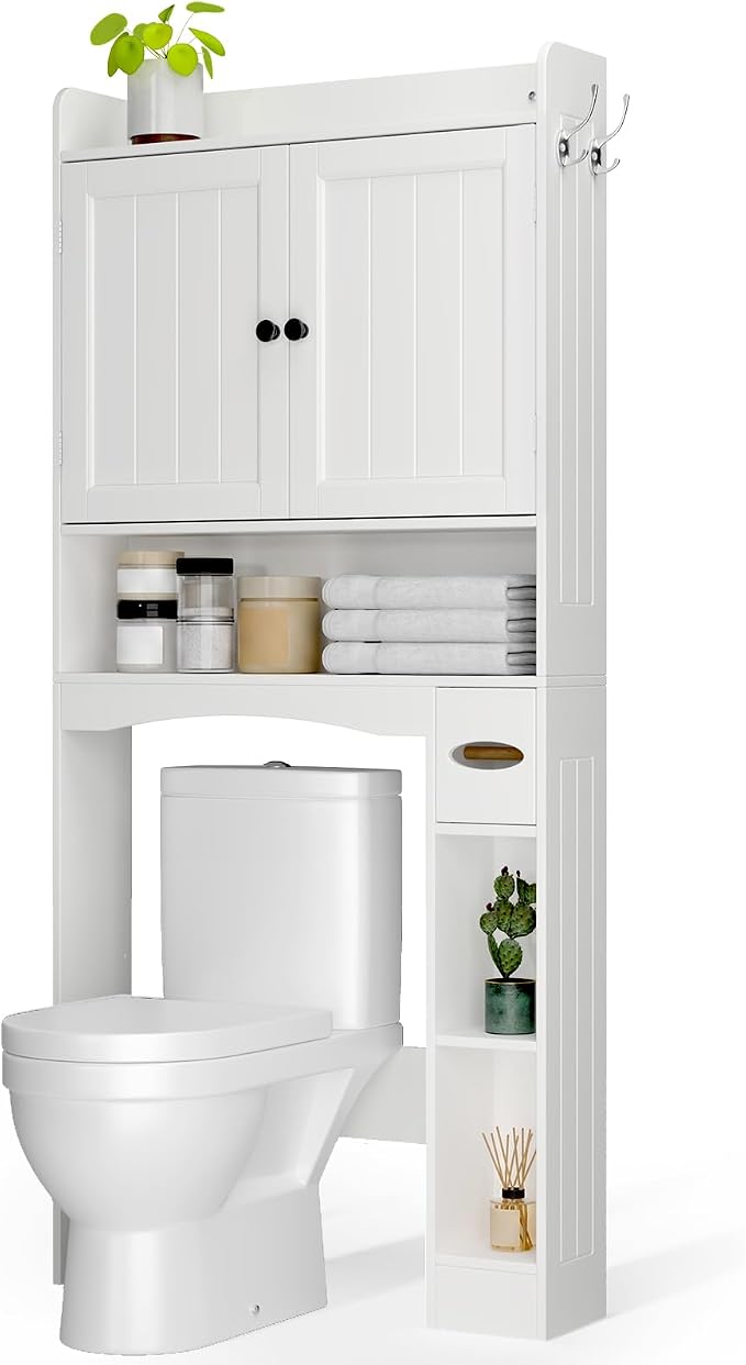 Over The Toilet Storage Cabinet, 32.3" W x 70.3" H, White | Over Toilet Bathroom Organizer with Doors, Adjustable Shelves, Toilet Paper Holder, 2 Side Hooks, for Bathroom, Laundry