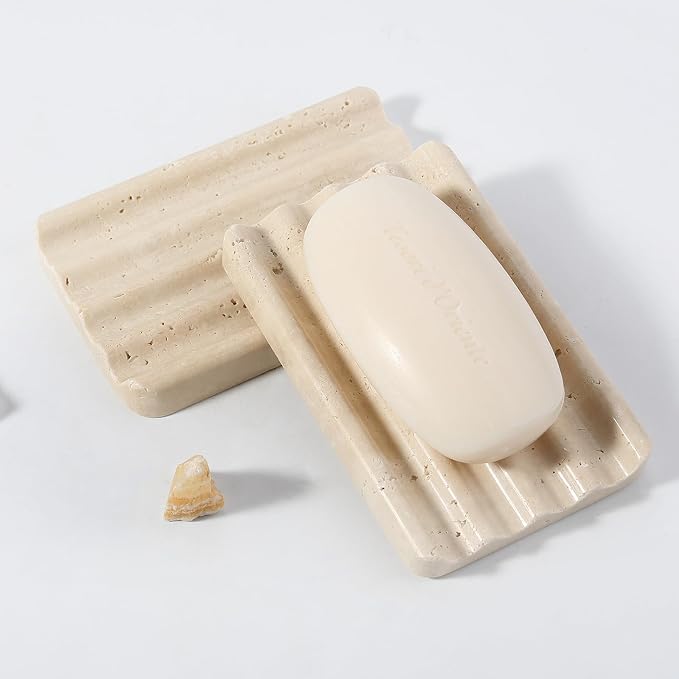 Natural Travertine Soap Dish for Bathroom Shower, Marble Soap Tray Travertine Dish for Bathroom, Stone Soap Tray for Sink, Stripe Grooves Soap Saver Keep Soap Bars Dry Easy Clean