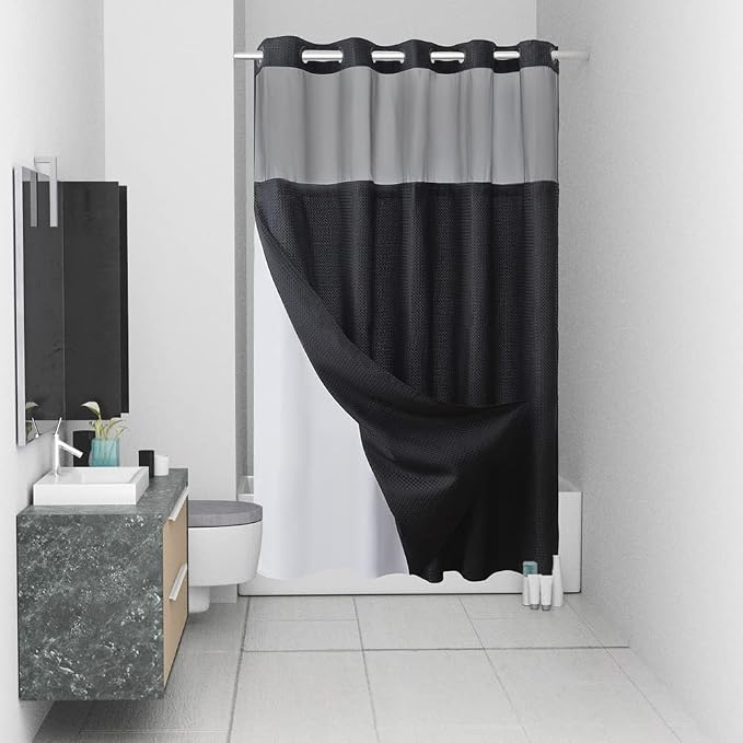 Furlinic No Hook Waffle Weave Shower Curtain with Snap in Liner Set,Heavy Duty Fabric Textured Bathroom Curtain with Sheer Window,Waterproof & Machine Washable,Black,Stall Size 54x80 Inch