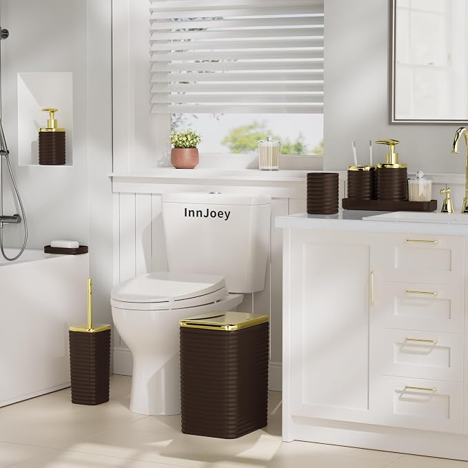 Bathroom Set - 10PC Bathroom Accessory Set, Brown Bathroom Set, Luxury Bathroom Accessories Set, Trash Can, Toilet Brush, Soap Dish, Qtip Holder & Soap Dispenser