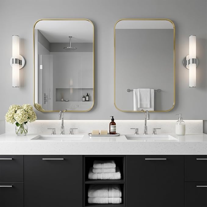24"x36" Bruhed Gold Rectangle Vanity Bathroom Mirror, Set of 2 | Aluminum Alloy Frame, Clear Reflection, Rust-Resistant, Vertical or Horizontal, Wall Mount, Bedroom and Entryway
