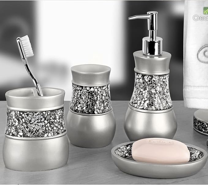 Creative Scents 4 Pc. Resin Bathroom Accessory Set | Silver Crackled Glass | Includes Soap Dispenser, Toothbrush Holder, Tumbler Cup and Soap Dish
