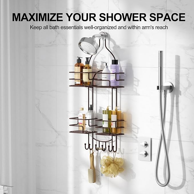 SRIWATANA Shower Caddy Hanging, Shower Organizer with Razor Hooks, Bronze | Rustproof Shower Rack, No Drilling Shelves Over Shower Head, Anti-Swing Scution Install, Bathroom Holder for Sponge Loofah