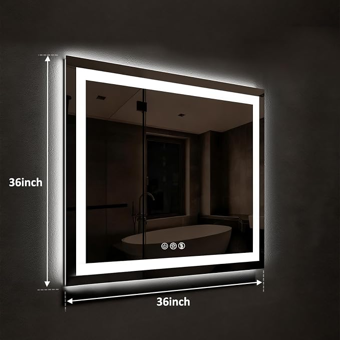 ROOMTEC 36x36 Inches LED Bathroom Mirror with Lights, Vanity Mirror with Front and Backlight, Smart Dimmable Anti-Fog LED Mirror for Bathroom, Memory Function, Tempered Glass (Horizontal/Vertical)