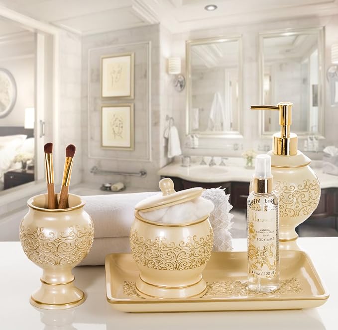 Shannon Beige with Gold 4 Piece Resin Bathroom Accessories Set | Includes Soap Dispenser, Toothbrush Holder, Tumbler Cup & Soap Dish