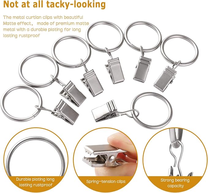 Lansian 100 Pack Curtain Rings with Clips Hooks 1.26 in Diameter Rustproof | Metal Stainless Steel Drapery Rings for Tension Rod Bracket Eyelets Decorative Hanger, Fits 1 in Rods, Matte Silver