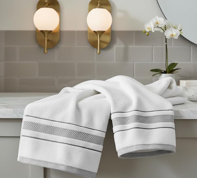 Bath Towels Set for Bathroom – Luxury 6-Piece Cotton Towels, Soft Absorbent & Quick Dry, 600 GSM Bath Towels for Bathroom, Hotel Spa Quality (White/Grey, 4-Hand Towel Set)
