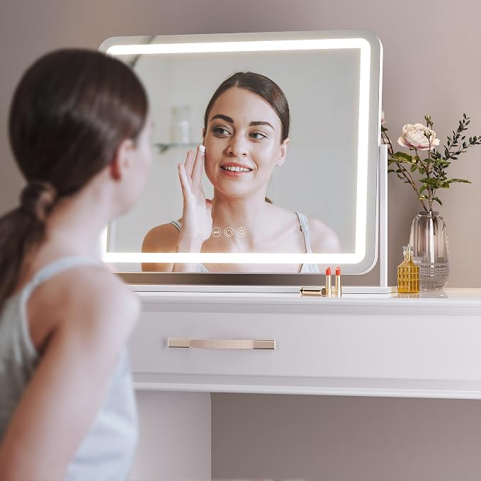 Hasipu Vanity Mirror with Lights, 24" x 20" LED Makeup Mirror, Light up Mirror with Smart Touch 3 Colors Dimmable, Brightness Adjustment, 360ยฐ Rotation (White)