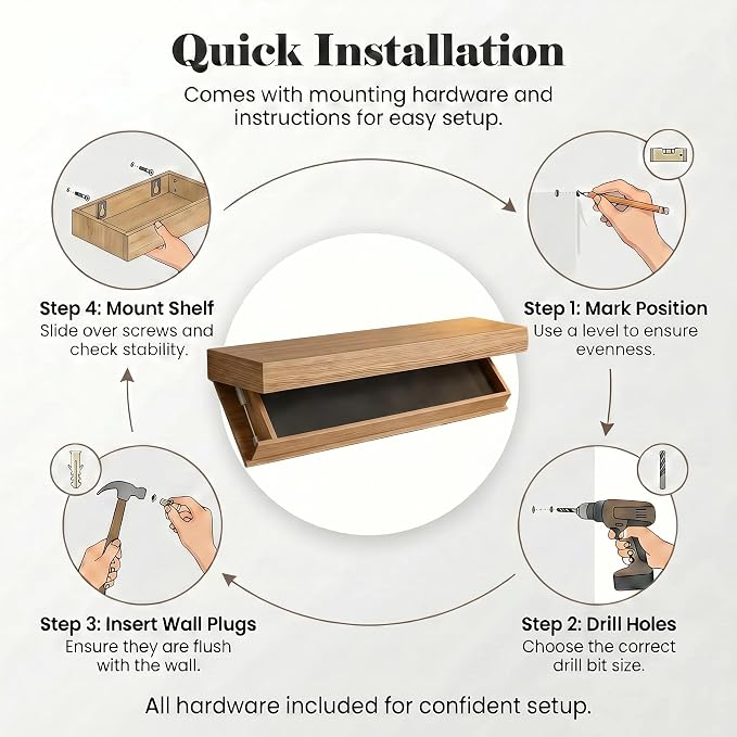Floating Hidden Shelves for Wall with Concealed Storage Drawer, Hidden Shelf Night Stand with Secret Compartment, for Home Office Living Room, Wood
