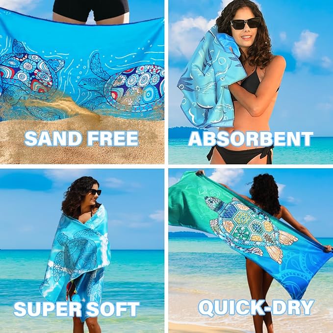 Widdonen Microfiber Beach Towel,Compact 4 Pack-71x32 Inch with Bag Travel | Extra Large,Lightweight,Thin,Sand Free,Quick Dry,Absorbent.Packable for Camping,Swim,Pool,Bath,Picnic,Cruise Essentials Gift