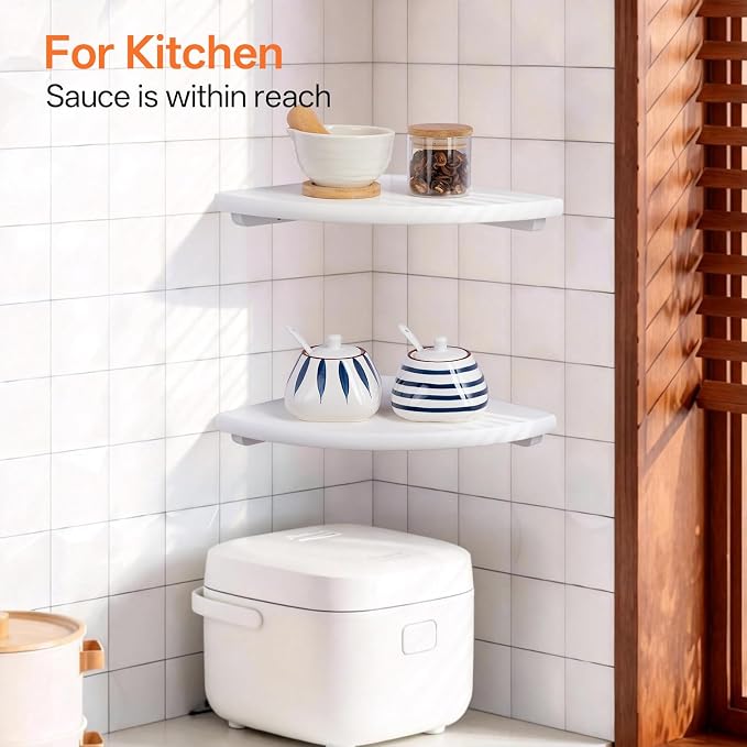Gieanoo White Corner Wall Shelf 12inch Solid Oak Wood Floating Corner Shelf with Wire Hole Corner Wall Storage Display Shelves for Living Room Bedroom Bathroom Kitchen