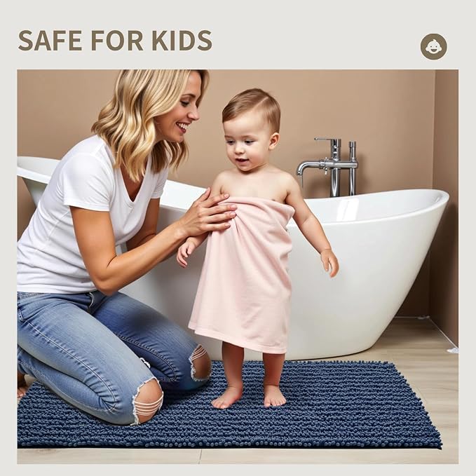 Bathroom Rugs Non Slip Washable 70x24, Extra Thick Soft Chenille Absorbent Bath Mat, High Density Barrier Non Slip Backing, Quick Dry Plush Shaggy Floor Carpet for Tub&Shower, Blue