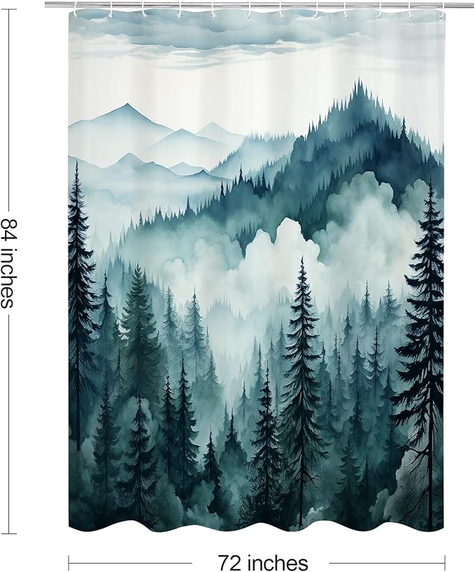 Litabel Peacock Blue Extra Long Misty Pine Forest Shower Curtain 72 x 84, XL Mountain Foggy Woodland Scenery Tree Shower Curtains for Bathroom, Abstract Waterproof Nature-Themed Decor
