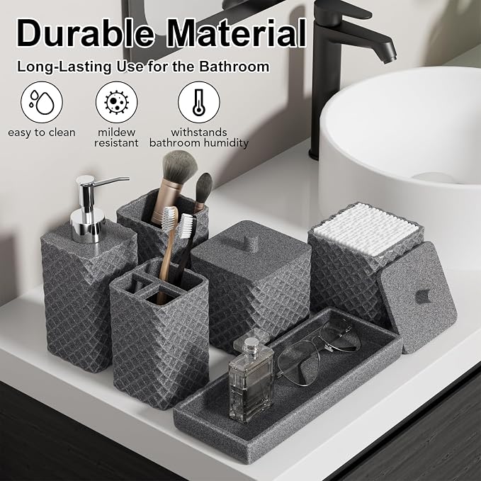 Bathroom Accessories Set Resin 6PCS, Square Toothbrush Holders Set Complete with Soap Dispenser, Vanity Tray, Tumbler, Cups and Cotton Swab Jars (Gray Diamond, Resin Bath 6 PCS)