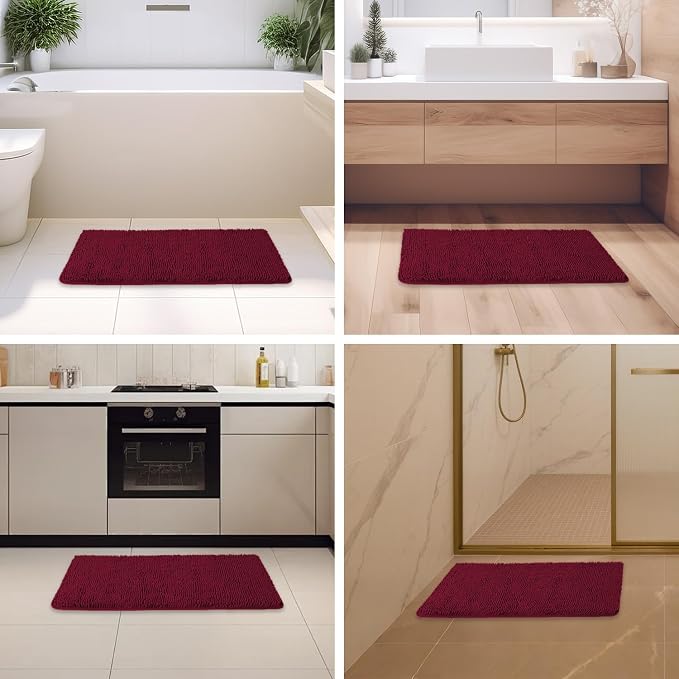 Vivid Burgundy Bathroom Rugs – Absorbent and Washable Bath Mat, Non-Slip, Thick Soft Chenille Bath Rugs for Bathroom Floor, Shower, Sink - 20" x 32"