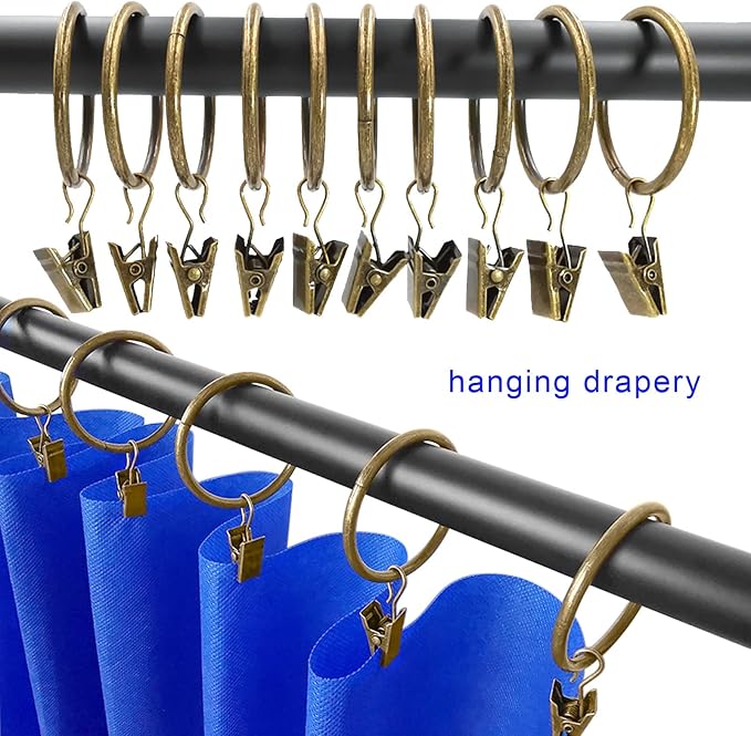 LLPJS 40 Pack Metal Curtain Rings with Clips, Drapery Clips with Rings, Curtain Rod Clips Hooks, Decorative Windows Hanging Curtain Hangers, 1.5 Inch Interior Diameter, Bronze