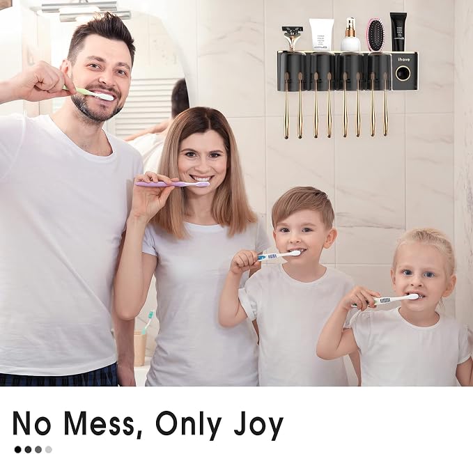 iHave Toothbrush Holders for Bathrooms Wall Mounted with Dispenser & 4 Cups | 12 Slots Wall Mount Toothbrush Holders for Bathrooms with Squeeze Toothpaste Dispenser, 4 Cups & 4 Compartments Organizer